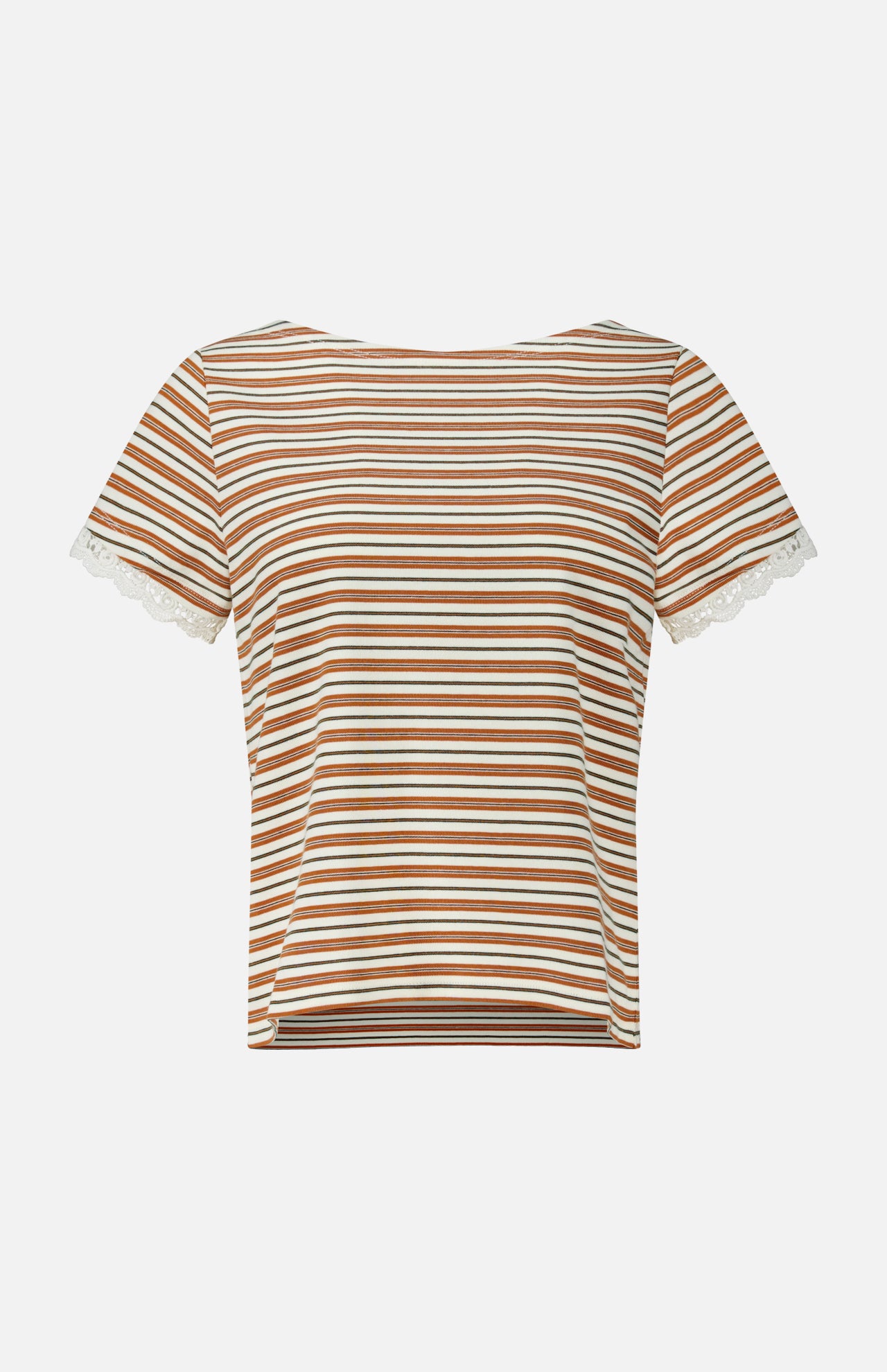 Maeve Baby T-shirt in cream, brown, and orange, featuring a vintage-inspired short-sleeve crewneck design with delicate lace trim on the sleeves.