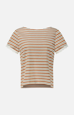 Maeve Baby T-shirt in cream, brown, and orange, featuring a vintage-inspired short-sleeve crewneck design with delicate lace trim on the sleeves.