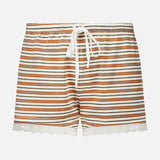 POSSE Maeve Drawstring Shorts in a vintage-inspired brown and white horizontal stripe cotton with an elastic drawstring waist and white lace trim at the hems.
