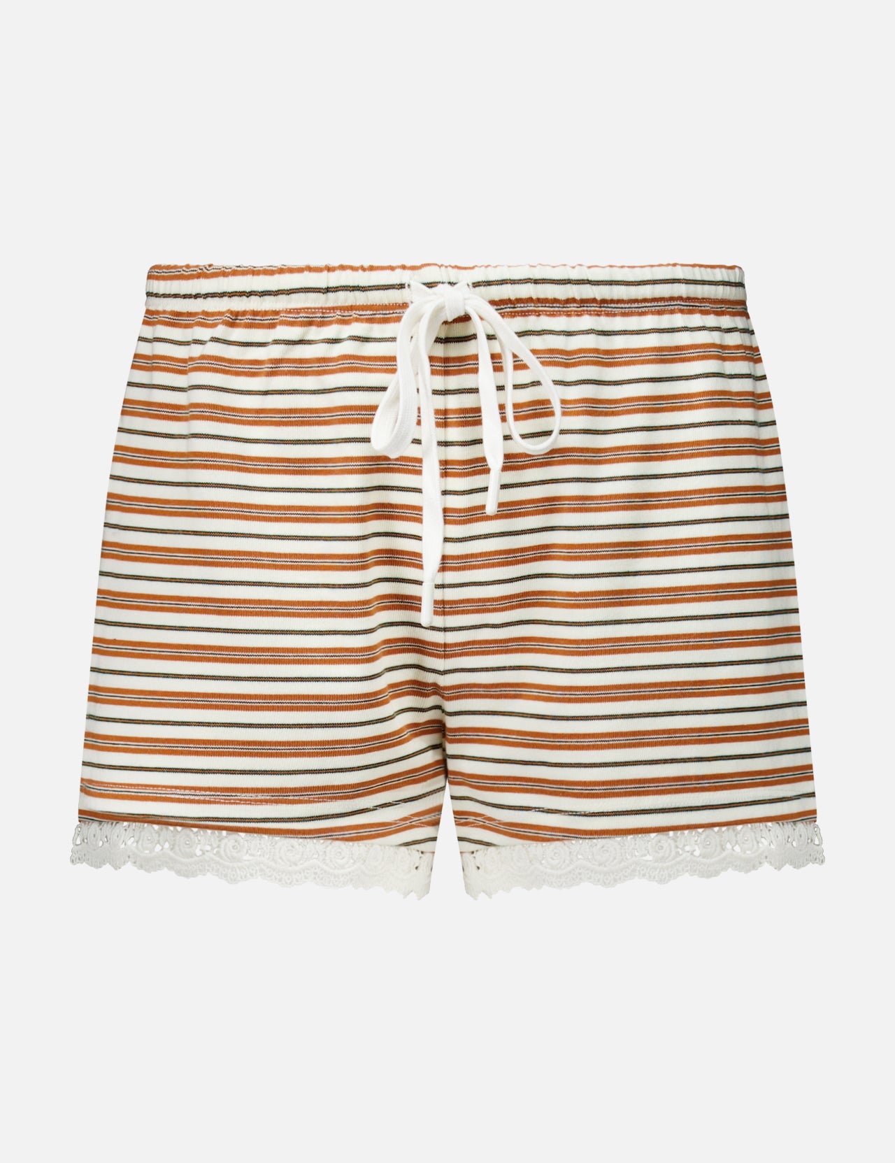 POSSE Maeve Drawstring Shorts in a vintage-inspired brown and white horizontal stripe cotton with an elastic drawstring waist and white lace trim at the hems.