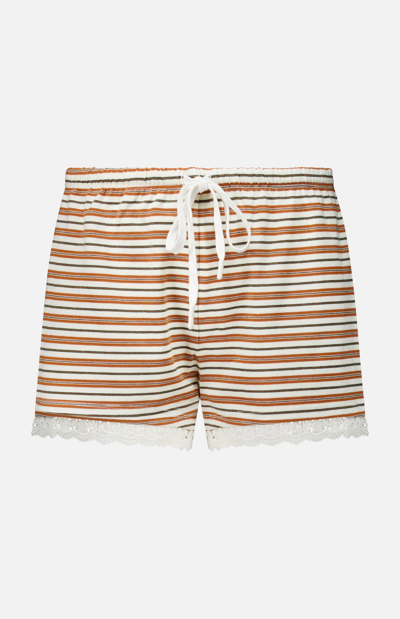 POSSE Maeve Drawstring Shorts in a vintage-inspired brown and white horizontal stripe cotton with an elastic drawstring waist and white lace trim at the hems.