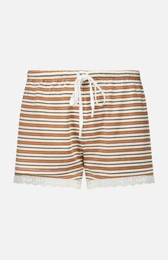 POSSE Maeve Drawstring Shorts in a vintage-inspired brown and white horizontal stripe cotton with an elastic drawstring waist and white lace trim at the hems.
