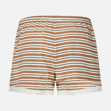 Back view of the POSSE Maeve Drawstring Short in vintage-inspired striped cotton, featuring an elasticized waistband and white lace trim at the hem.