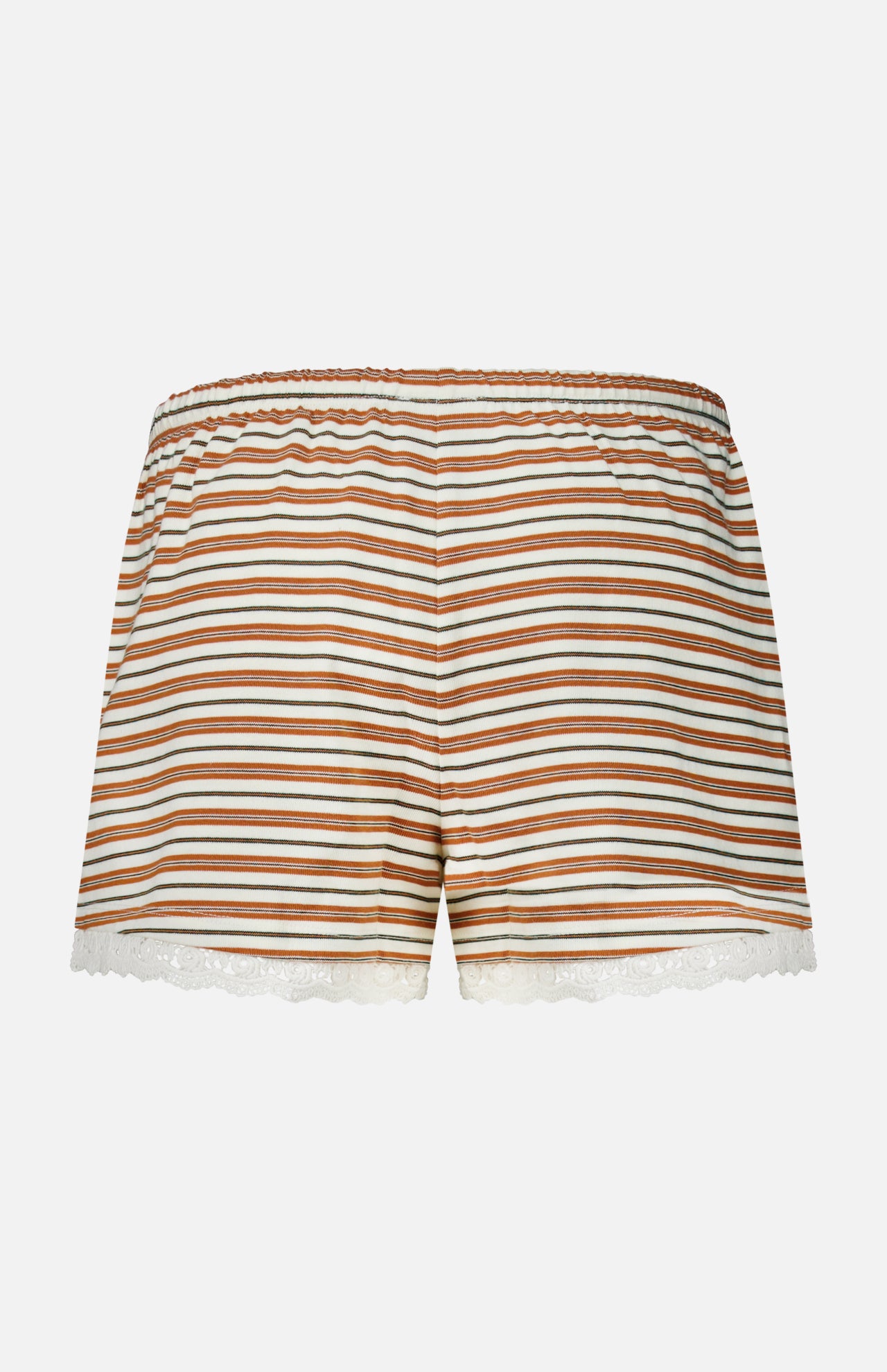 Back view of the POSSE Maeve Drawstring Short in vintage-inspired striped cotton, featuring an elasticized waistband and white lace trim at the hem.