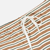 Maeve Drawstring Short in white cotton featuring a vintage-inspired pattern of thin brown and dark green stripes and an elastic drawstring waist.