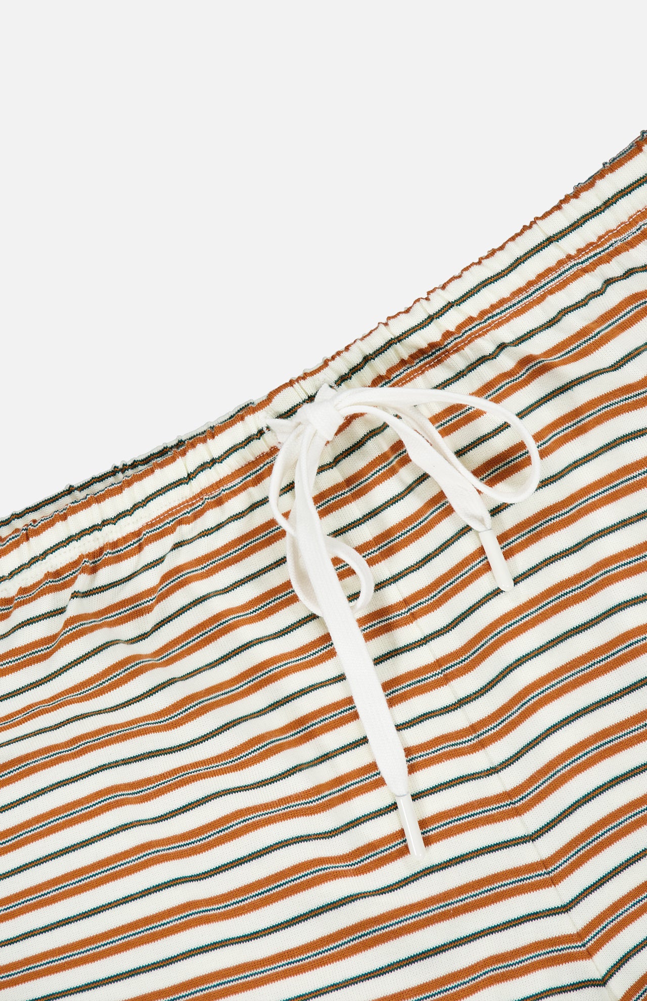 Maeve Drawstring Short in white cotton featuring a vintage-inspired pattern of thin brown and dark green stripes and an elastic drawstring waist.