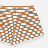 POSSE Maeve Drawstring Short in cream with thin orange and green stripes, a drawstring waist, and white lace trim along the leg openings.