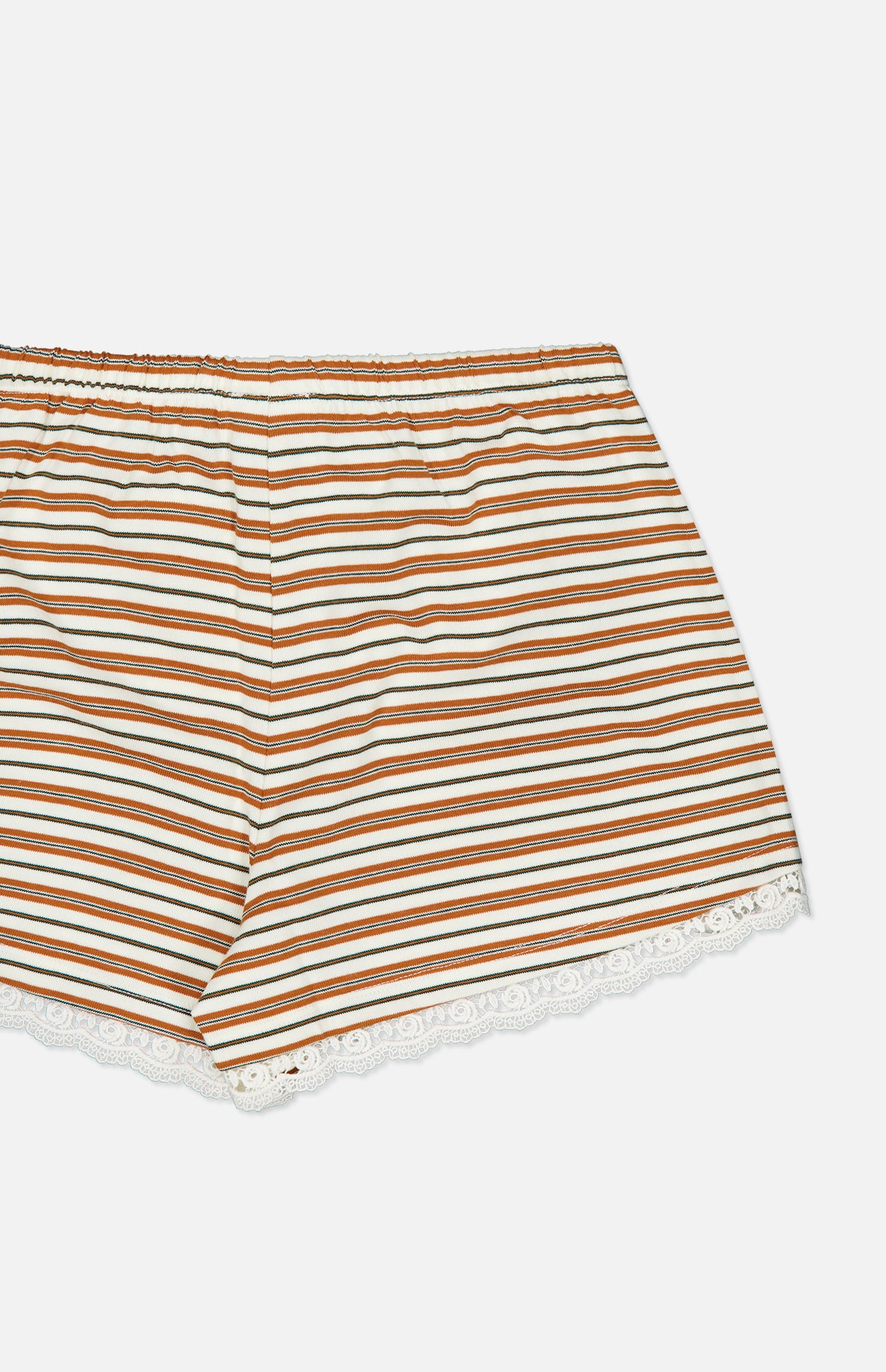 POSSE Maeve Drawstring Short in cream with thin orange and green stripes, a drawstring waist, and white lace trim along the leg openings.
