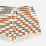 Maeve Drawstring Short in vintage-inspired cotton featuring a white drawstring waist, brown and green horizontal stripes, and white lace trim at the hem.