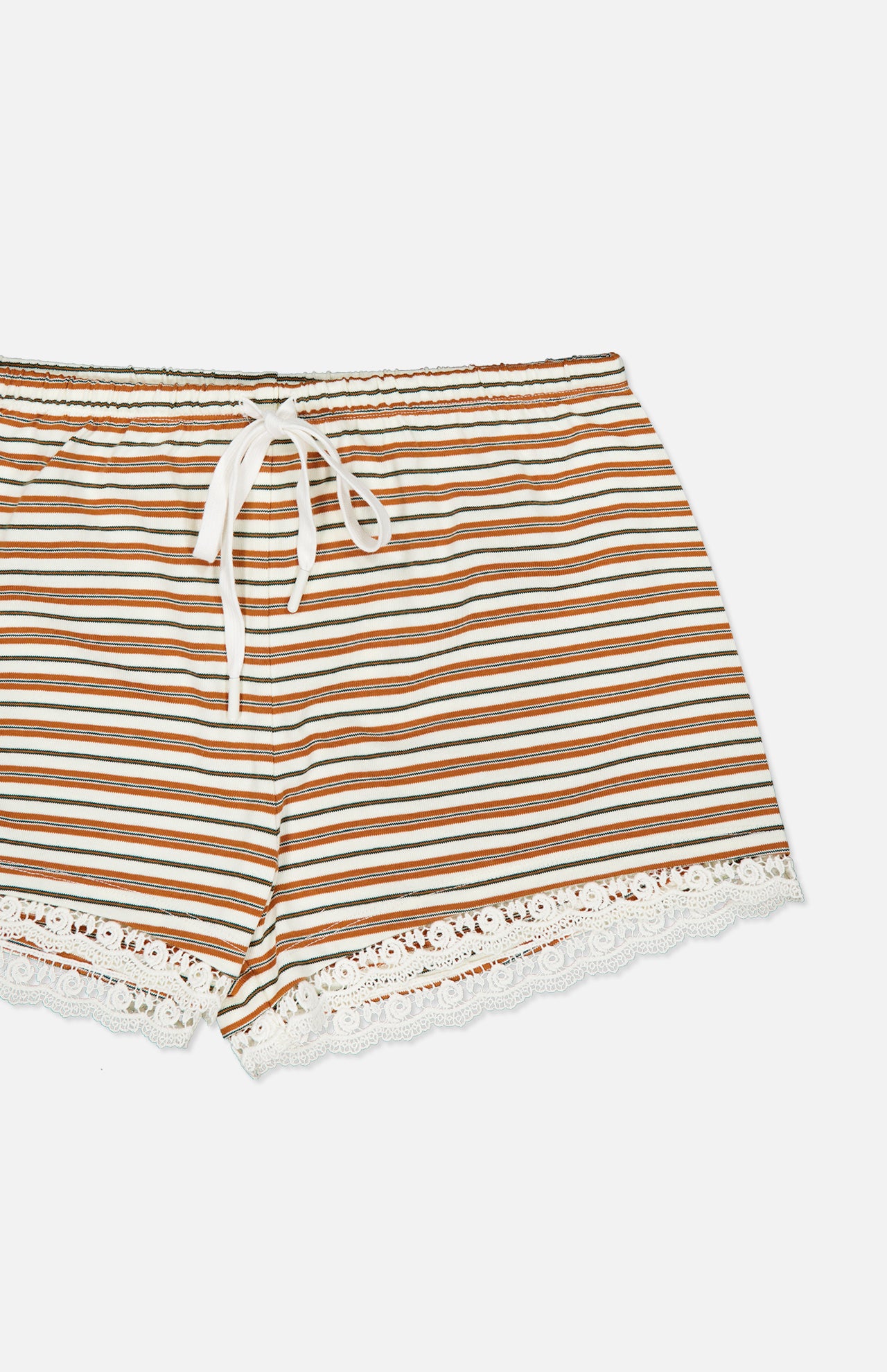 Maeve Drawstring Short in vintage-inspired cotton featuring a white drawstring waist, brown and green horizontal stripes, and white lace trim at the hem.
