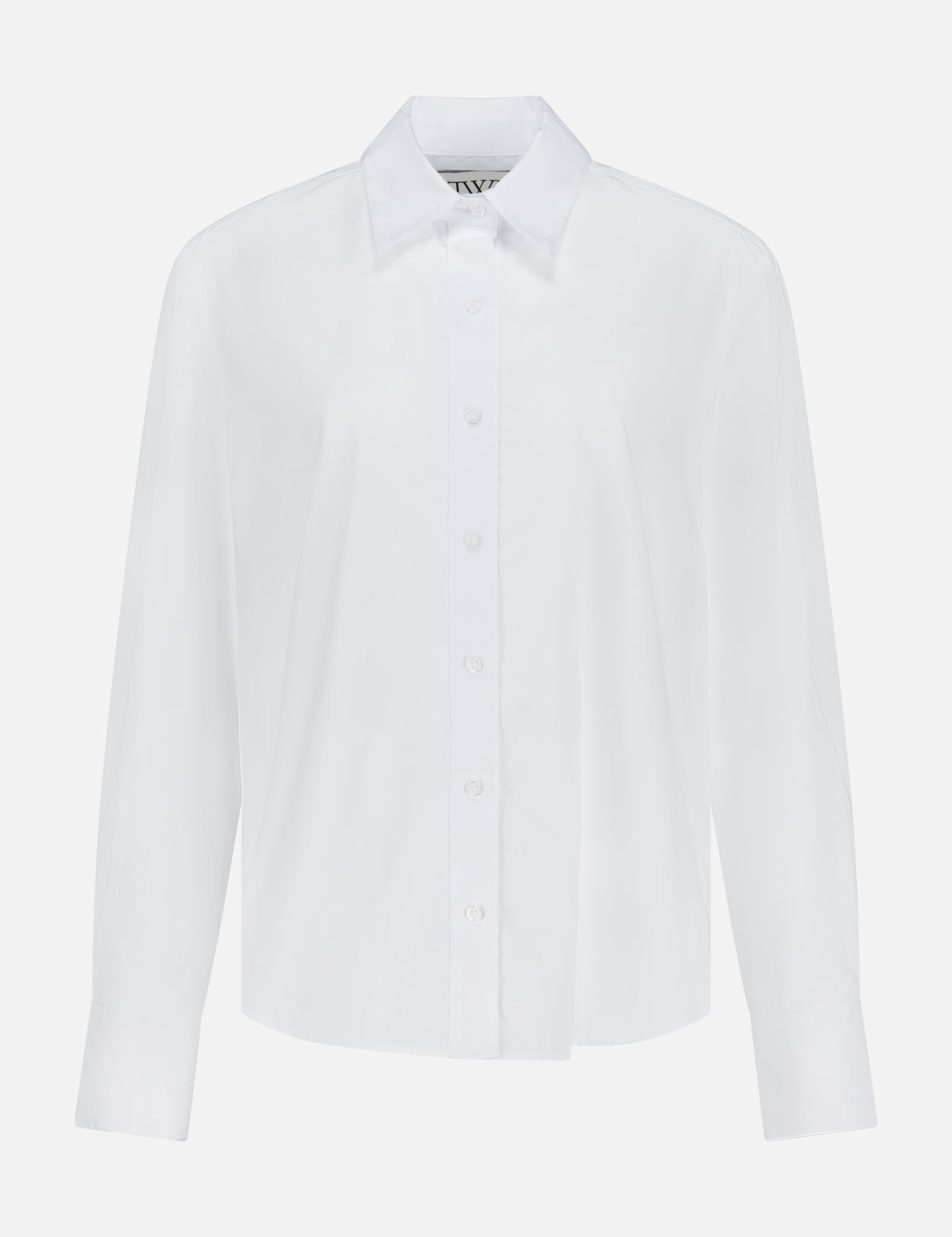 The Possetti Soft Volume Shirt by TWP is a classic white, long-sleeve button-down with a collar and relaxed fit—timeless workwear style for women, shown on a white background.
