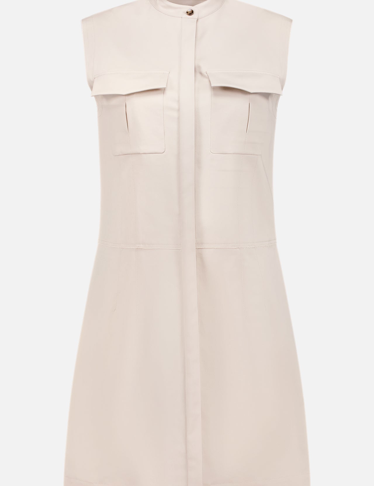 The Erica Dress by PROENZA SCHOULER is a sleeveless, light beige organic cotton mini dress with a stand collar, front button closure, and two chest flap pockets, shown against a white background.