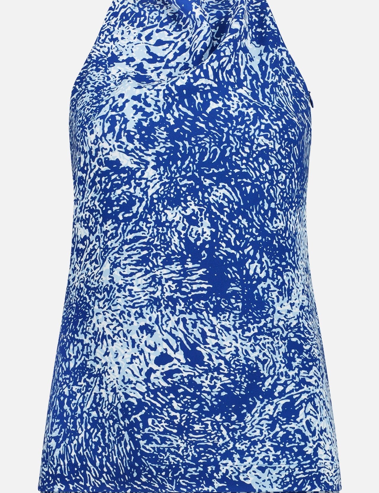 Theda Top by PROENZA SCHOULER: a sleeveless cobalt blue crepe de chine women’s top with a high neckline and blue and white abstract brushstroke pattern.
