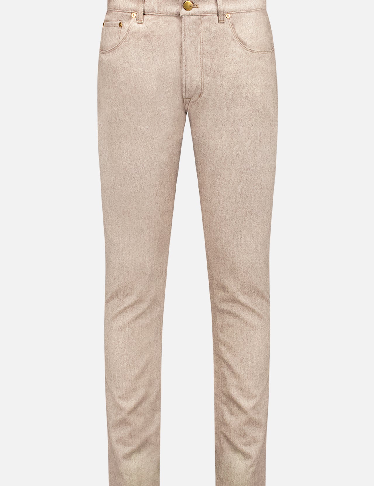 PT TORINO 5 Pocket Pant: Beige men’s slim-fit trousers with button and zip closure, front and back pockets, and subtle stitching detail, shown on a plain white background.