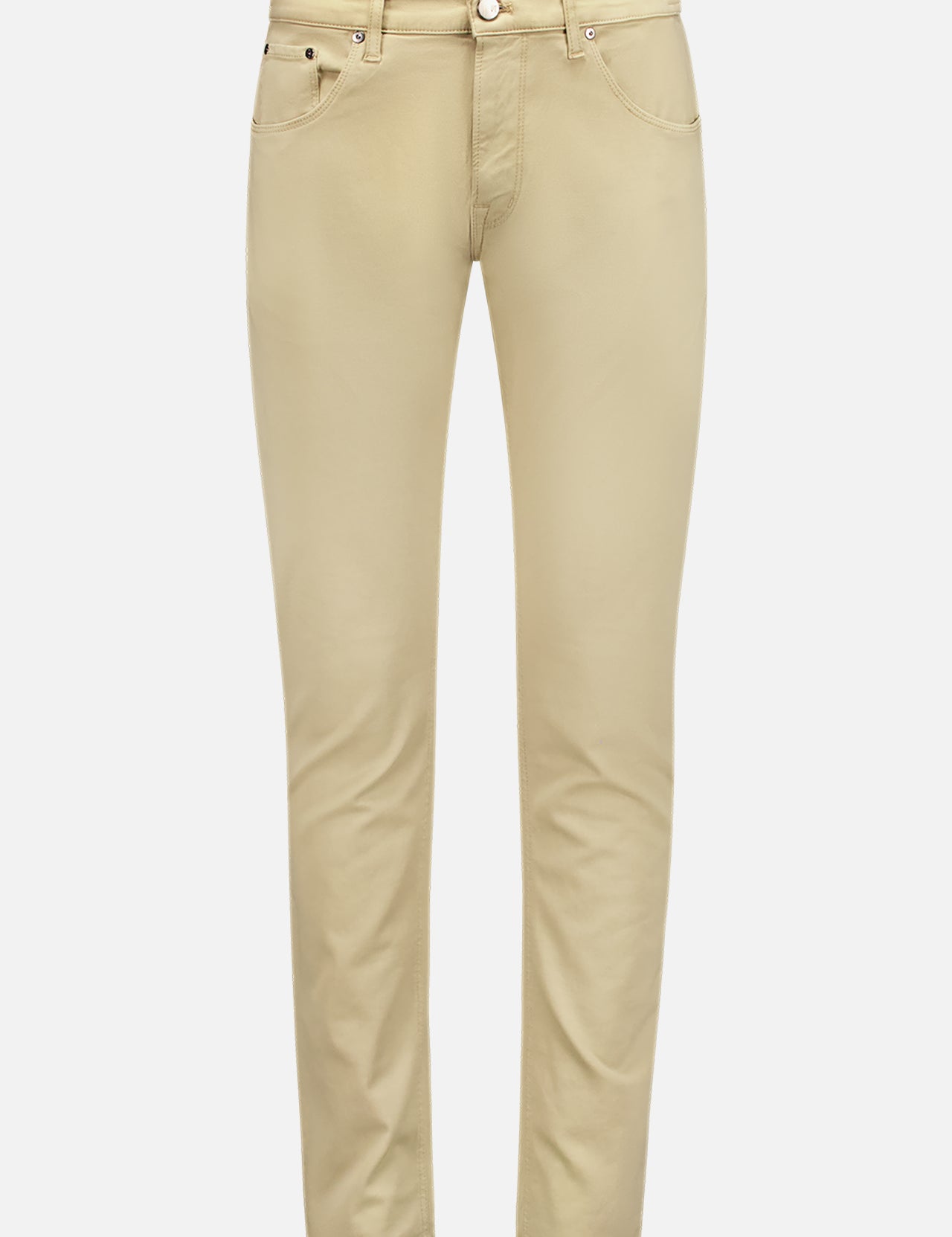 PT TORINO’s 5 Pocket Pant in beige features a slim fit, ultra-light tan shade, soft cotton-cashmere blend, classic 5-pocket design, belt loops, and button-zip closure. Shown against a plain white background.