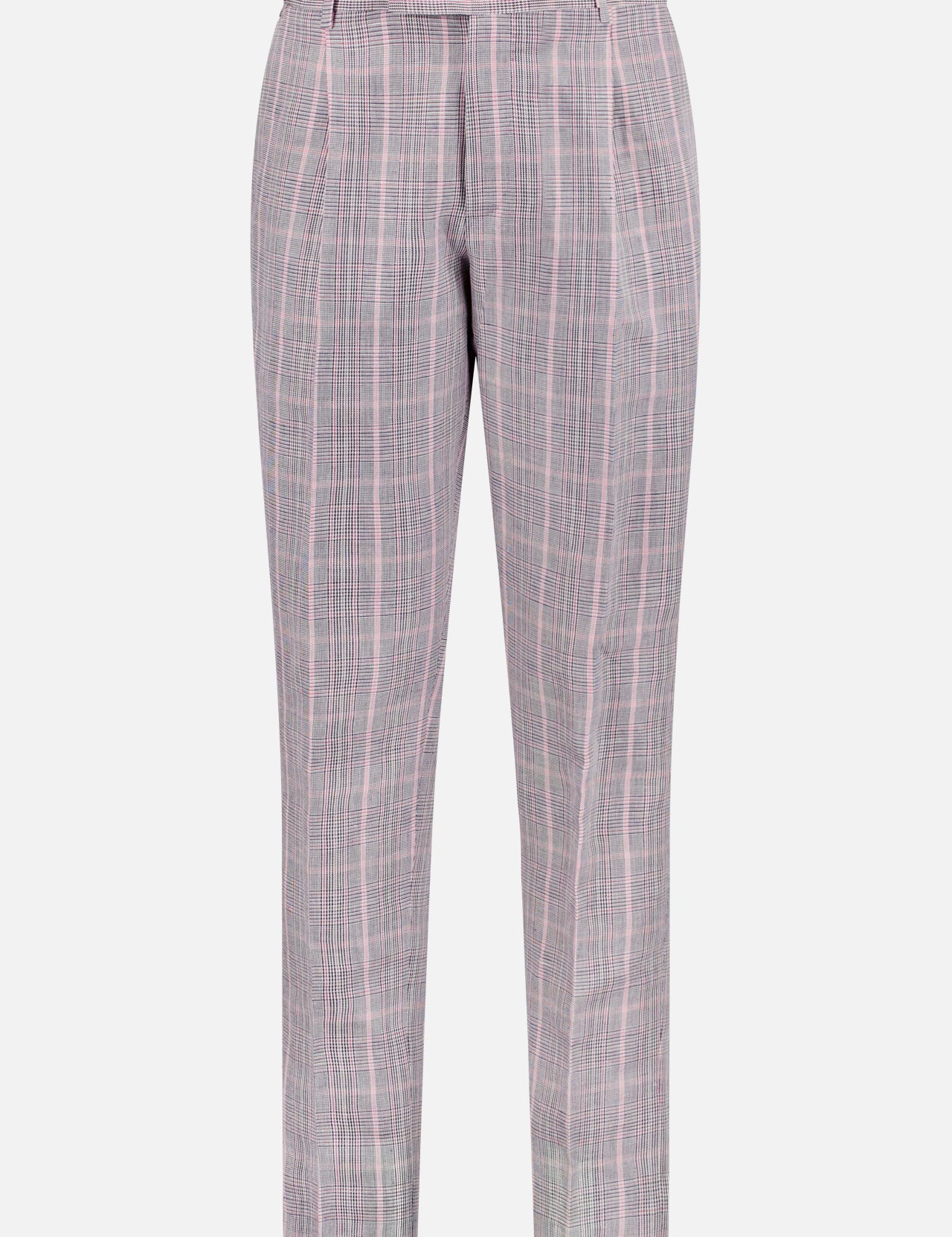 The PT TORINO Cotton/Linen Summer Rebel Pleated Pant in light pink and gray plaid features a straight-leg cut, front pleats, belt loops, and side pockets, shown on a plain white background.