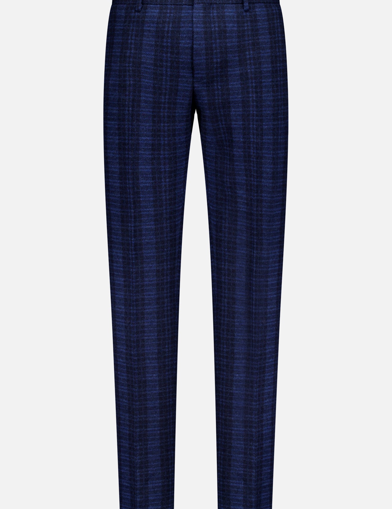 The PT TORINO Deluxe Wool Jersey Trouser Pant features a straight, slim fit in dark blue with a subtle plaid print, belt loops, and no visible pockets, shown against a plain light background.
