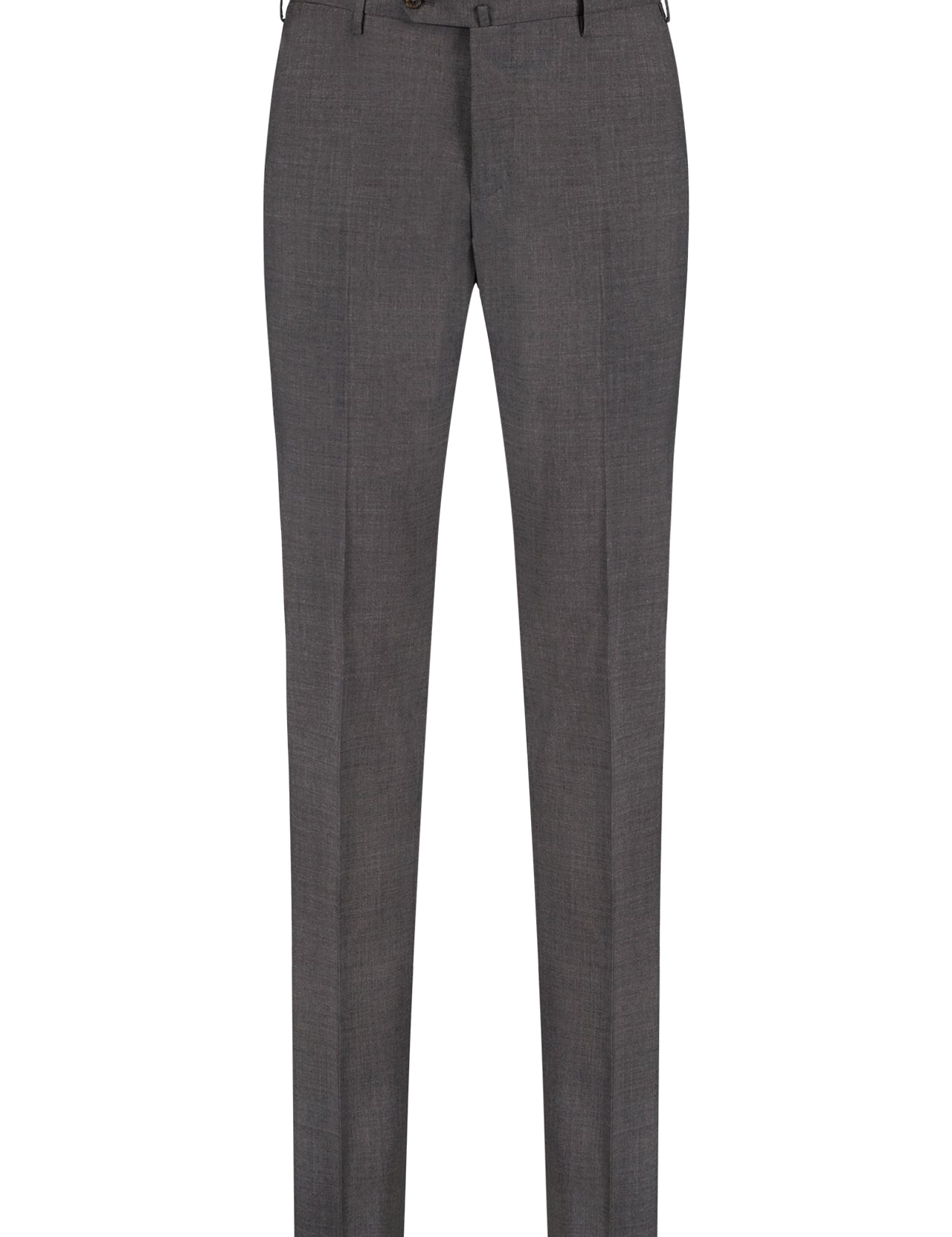 The PT TORINO Four Season Stretch Trouser is a pair of slim fit gray trousers featuring belt loops and a button closure, shown against a plain white background.
