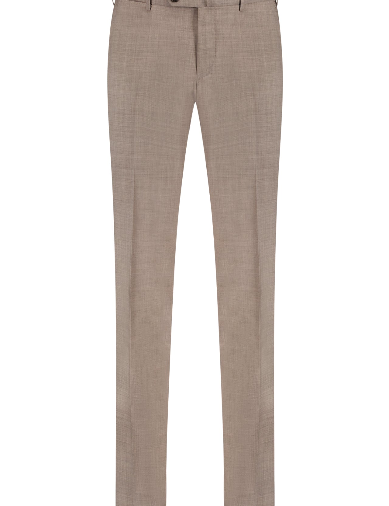 PT TORINO Four Season Stretch Trouser: beige slim fit with belt loops, front button and zipper closure, straight legs. Shown laid flat on a white background.