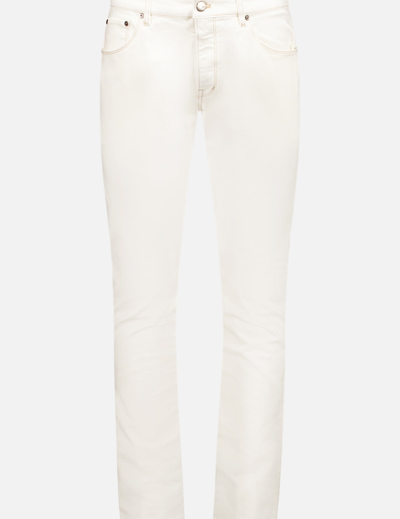 The PT TORINO Jazz Jean features a slim fit in white denim with contrast stitching, front and back pockets, belt loops, and a button-zip closure, shown against a plain background.