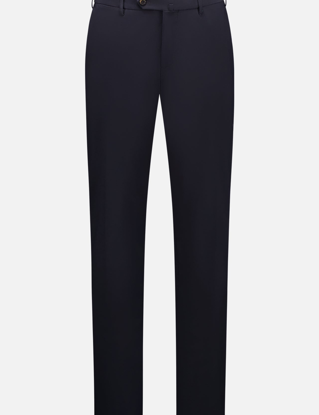 The PT TORINO Kinetic Winter Techno Jersey Trouser is a straight-leg, dark navy pant featuring front button and zipper closure, belt loops, and side pockets, shown on a plain white background.