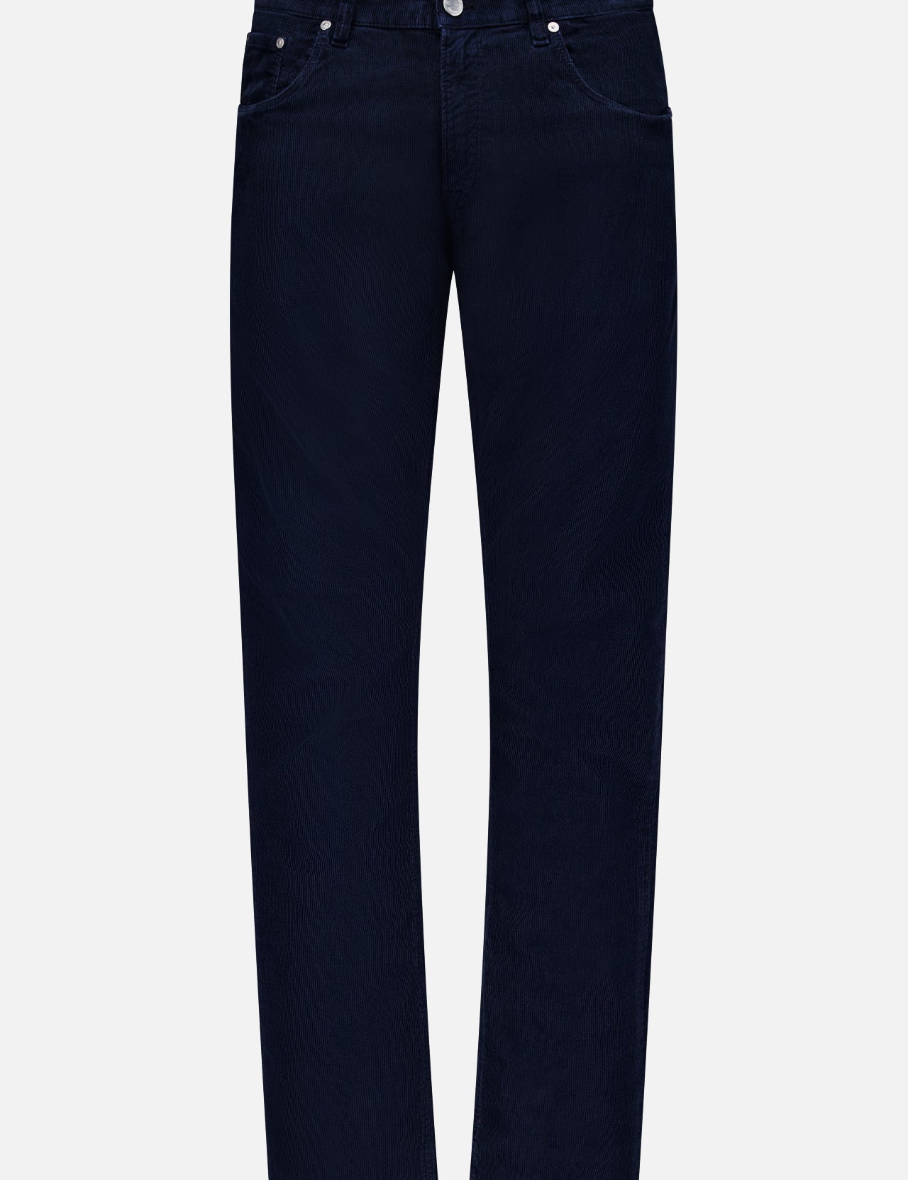 The PT TORINO 1000 Wales Stretch Denim Jeans are a pair of dark blue, straight-leg jeans crafted from stretch-cotton in Italy, showcased against a plain white background with the front side featuring pockets and a button closure.