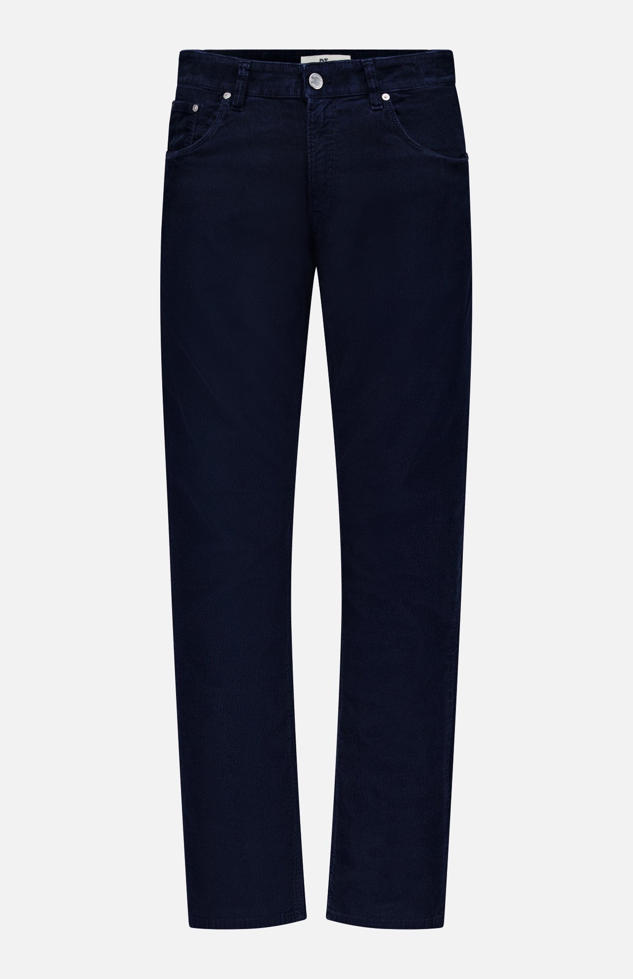 The PT TORINO 1000 Wales Stretch Denim Jeans are a pair of dark blue, straight-leg jeans crafted from stretch-cotton in Italy, showcased against a plain white background with the front side featuring pockets and a button closure.