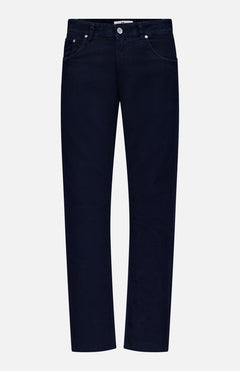 The PT TORINO 1000 Wales Stretch Denim Jeans are a pair of dark blue, straight-leg jeans crafted from stretch-cotton in Italy, showcased against a plain white background with the front side featuring pockets and a button closure.