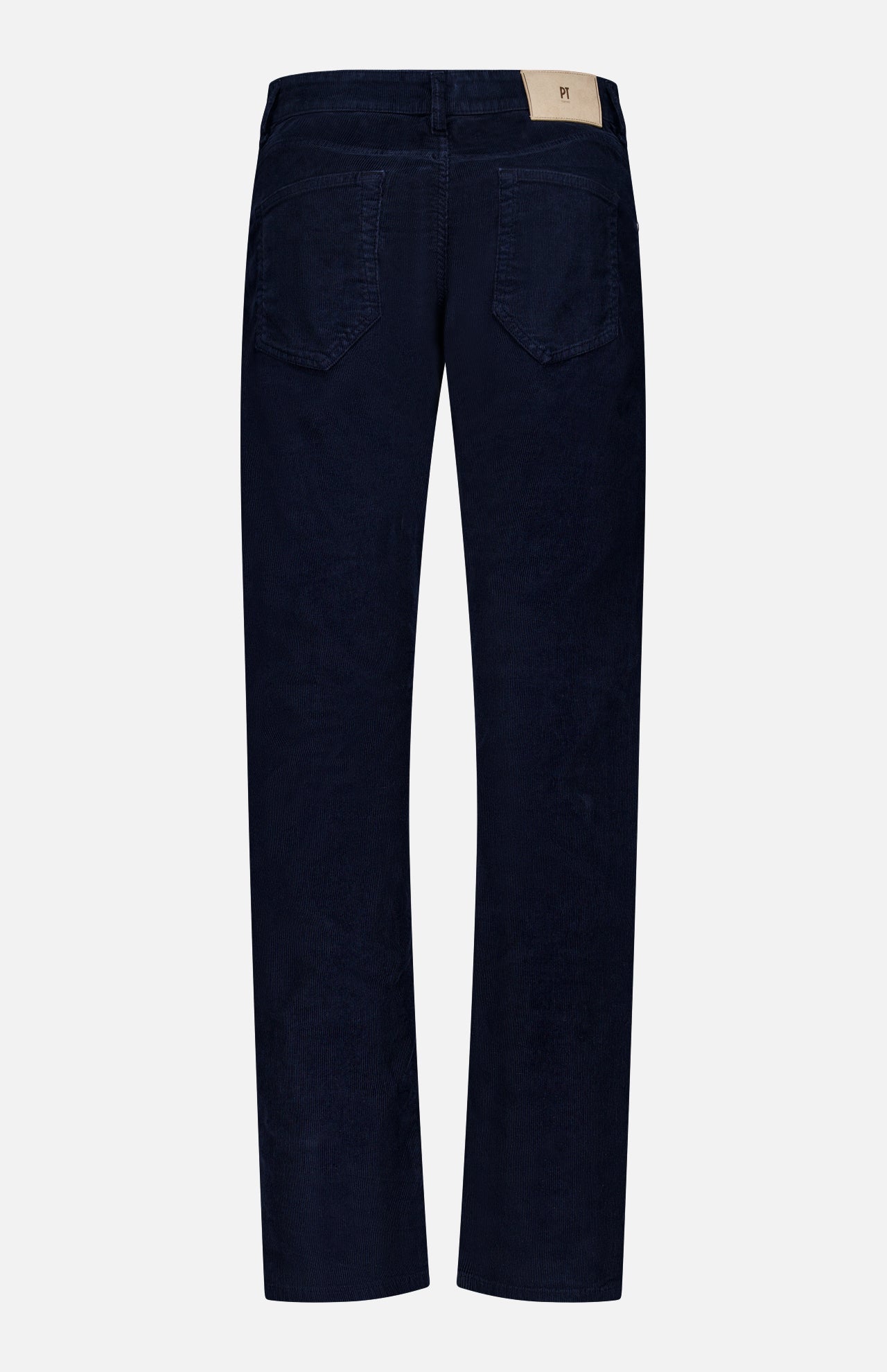 Back view of the PT TORINO 1000 Wales Stretch Denim Jeans in dark blue stretch-cotton, featuring two back pockets, straight legs, and a beige brand patch on the waistband. Made in Italy, these jeans are shown against a plain white background.