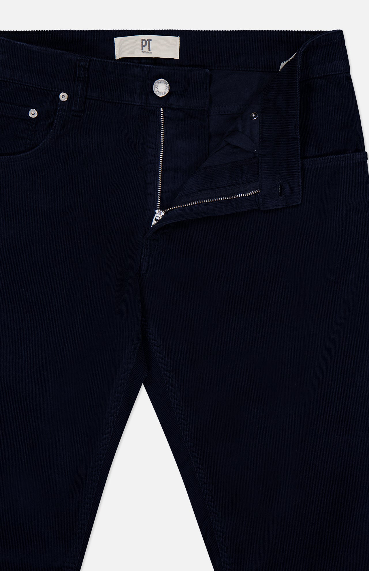 Dark navy 1000 Wales Stretch Denim Jeans by PT TORINO, featuring a stretch-cotton corduroy construction with a partially open zipper and button fly, revealing the PT TORINO branded label on the back waistband. Crafted in Italy, these jeans are displayed laid flat on a white background.