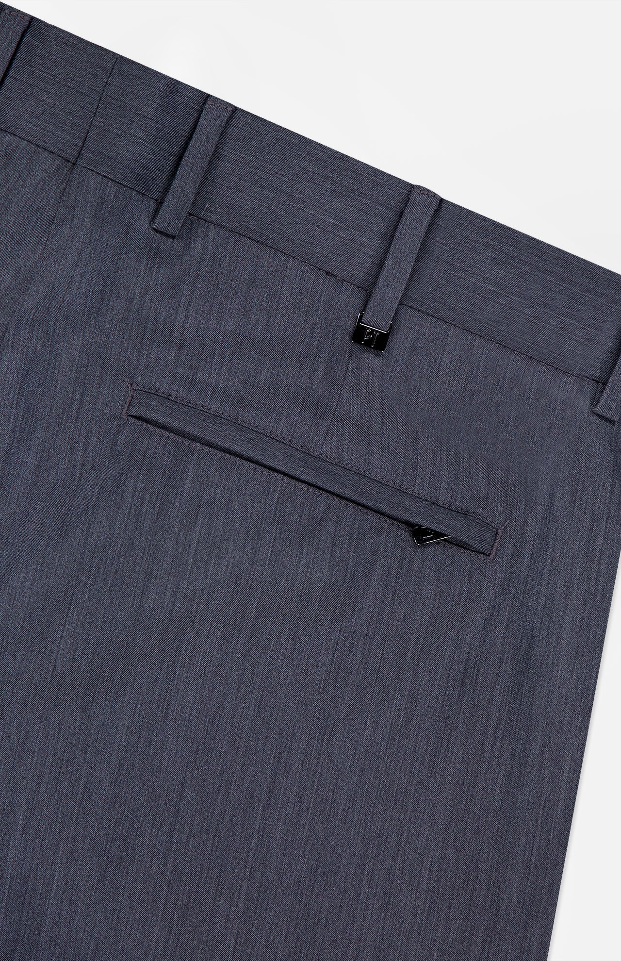 Close-up of the PT TORINO Active Superlight Wool Twill Trousers in dark grey, highlighting a single back pocket with button closure and belt loops against a light background.