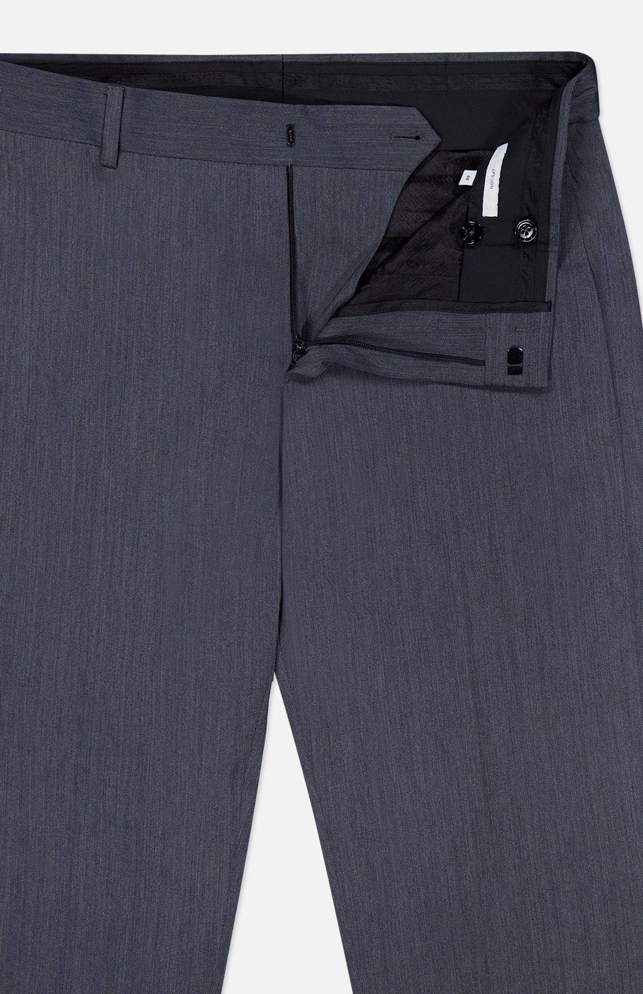 A pair of dark grey Active Superlight Wool Twill Trousers by PT TORINO with the waistband partially open, highlighting the button, zipper, and inner label details. These corporate pants blend classic sophistication with modern comfort, making them a polished wardrobe essential.