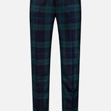 The PT TORINO Clan Heritage Wool Tartan Trouser Pants are men’s slim-fit trousers, crafted from soft fleece wool in a dark green and navy blue plaid. Featuring belt loops, a front button closure, and a zip fly, they are displayed on a plain white background.