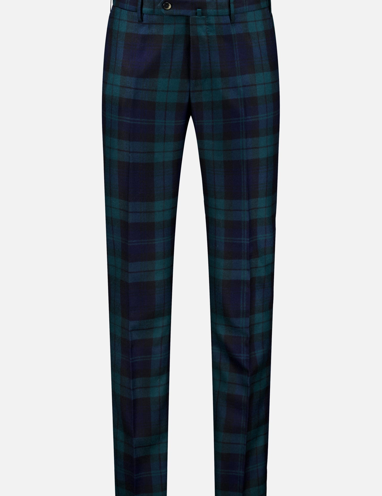 The PT TORINO Clan Heritage Wool Tartan Trouser Pants are men’s slim-fit trousers, crafted from soft fleece wool in a dark green and navy blue plaid. Featuring belt loops, a front button closure, and a zip fly, they are displayed on a plain white background.