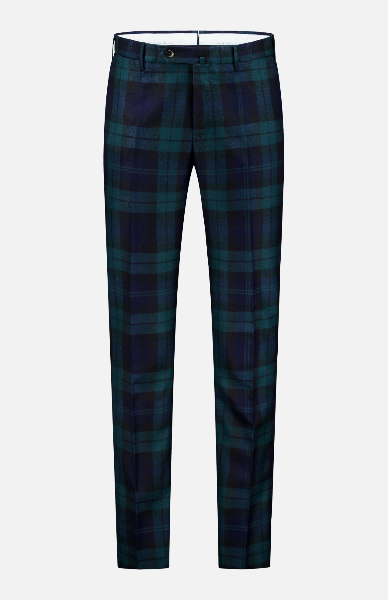 The PT TORINO Clan Heritage Wool Tartan Trouser Pants are men’s slim-fit trousers, crafted from soft fleece wool in a dark green and navy blue plaid. Featuring belt loops, a front button closure, and a zip fly, they are displayed on a plain white background.