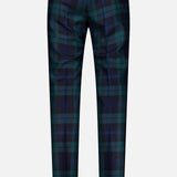 Back view of the PT TORINO Clan Heritage Wool Tartan Trouser Pants, showcasing a slim fit silhouette with a dark green and navy blue plaid pattern. These trousers feature two buttoned back pockets and belt loops, and are crafted from soft fleece wool. The pants are displayed against a plain light gray background.