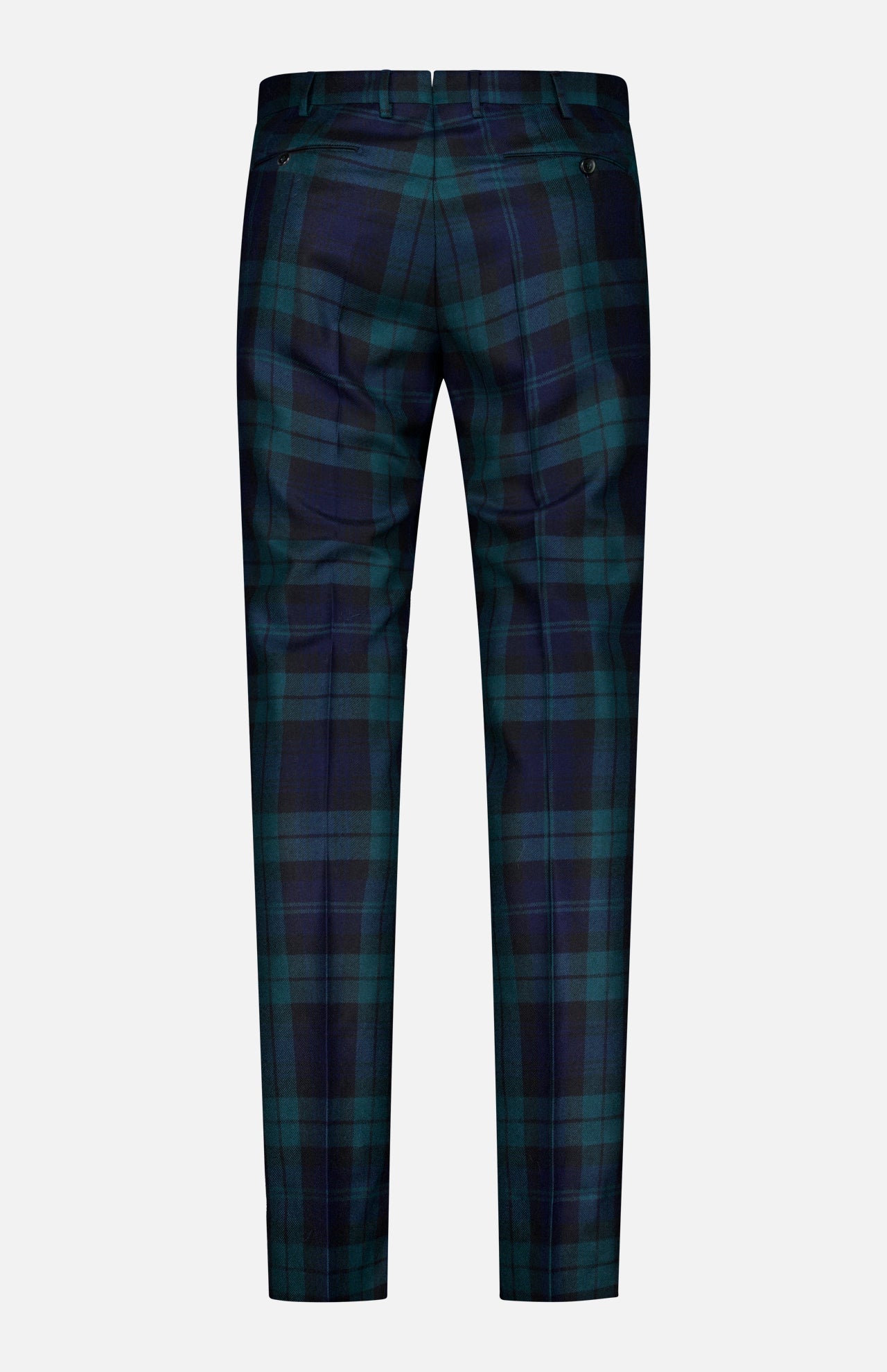 Back view of the PT TORINO Clan Heritage Wool Tartan Trouser Pants, showcasing a slim fit silhouette with a dark green and navy blue plaid pattern. These trousers feature two buttoned back pockets and belt loops, and are crafted from soft fleece wool. The pants are displayed against a plain light gray background.
