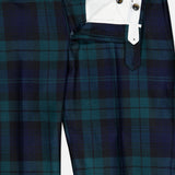 Close-up of the PT TORINO Clan Heritage Wool Tartan Trouser Pants in dark green and navy plaid, featuring a partially open waistband and zipper that reveal the white inner lining and button closure. These slim fit trousers are crafted from soft fleece wool for exceptional comfort and warmth.