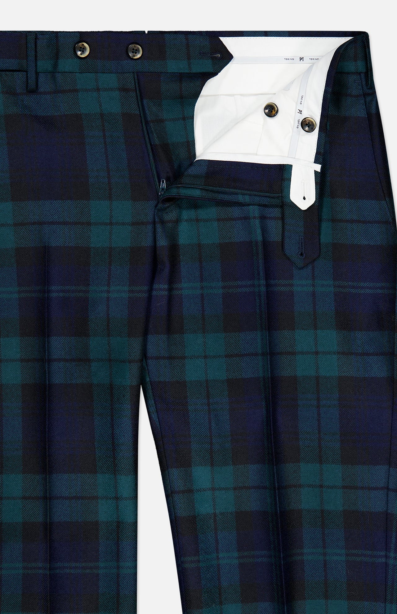 Close-up of the PT TORINO Clan Heritage Wool Tartan Trouser Pants in dark green and navy plaid, featuring a partially open waistband and zipper that reveal the white inner lining and button closure. These slim fit trousers are crafted from soft fleece wool for exceptional comfort and warmth.