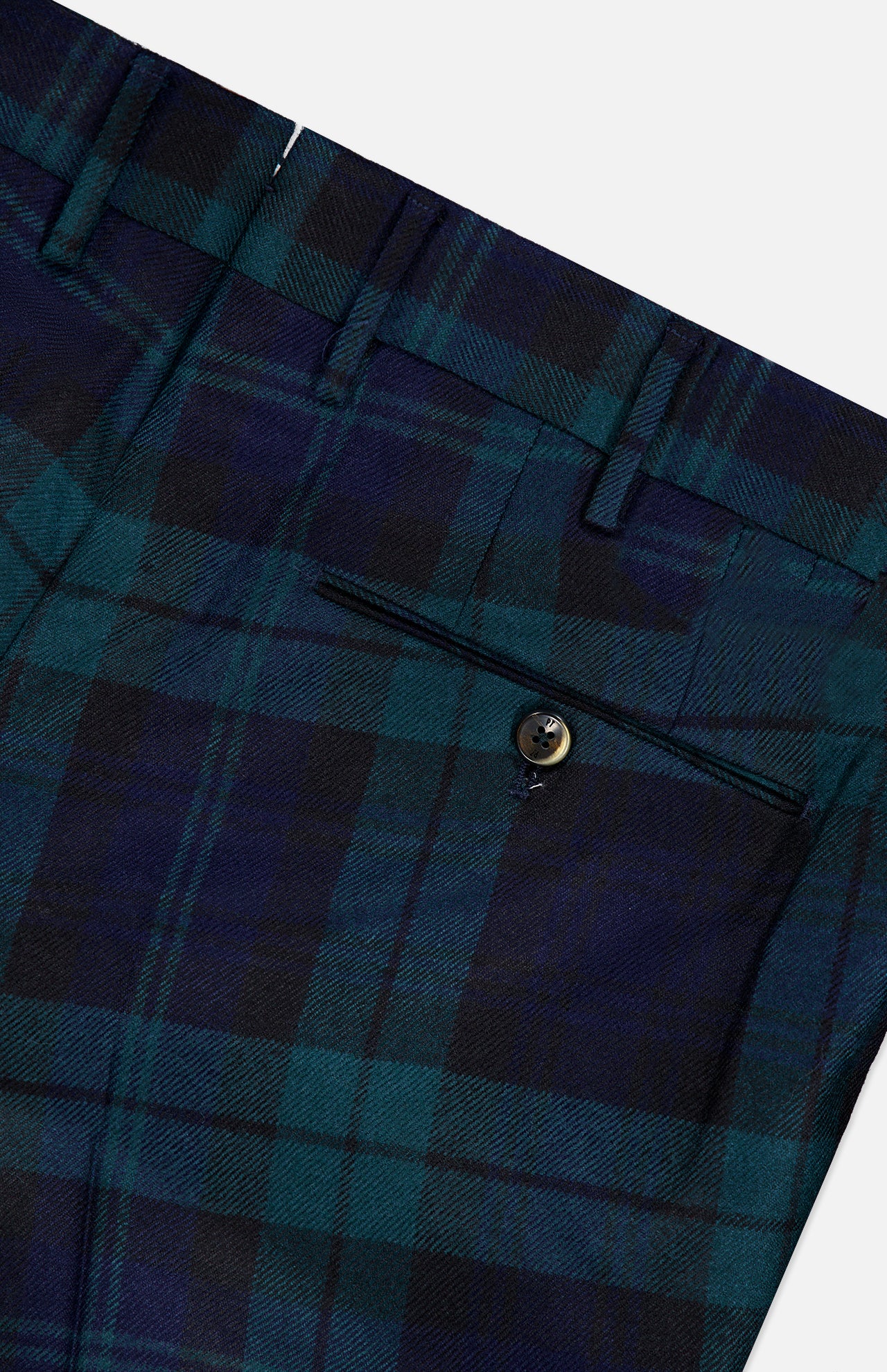 Close-up of the Clan Heritage Wool Tartan Trouser Pants by PT TORINO in a slim fit, featuring dark green and navy blue tartan pattern, with a buttoned back pocket, belt loops, and detailed waistband.