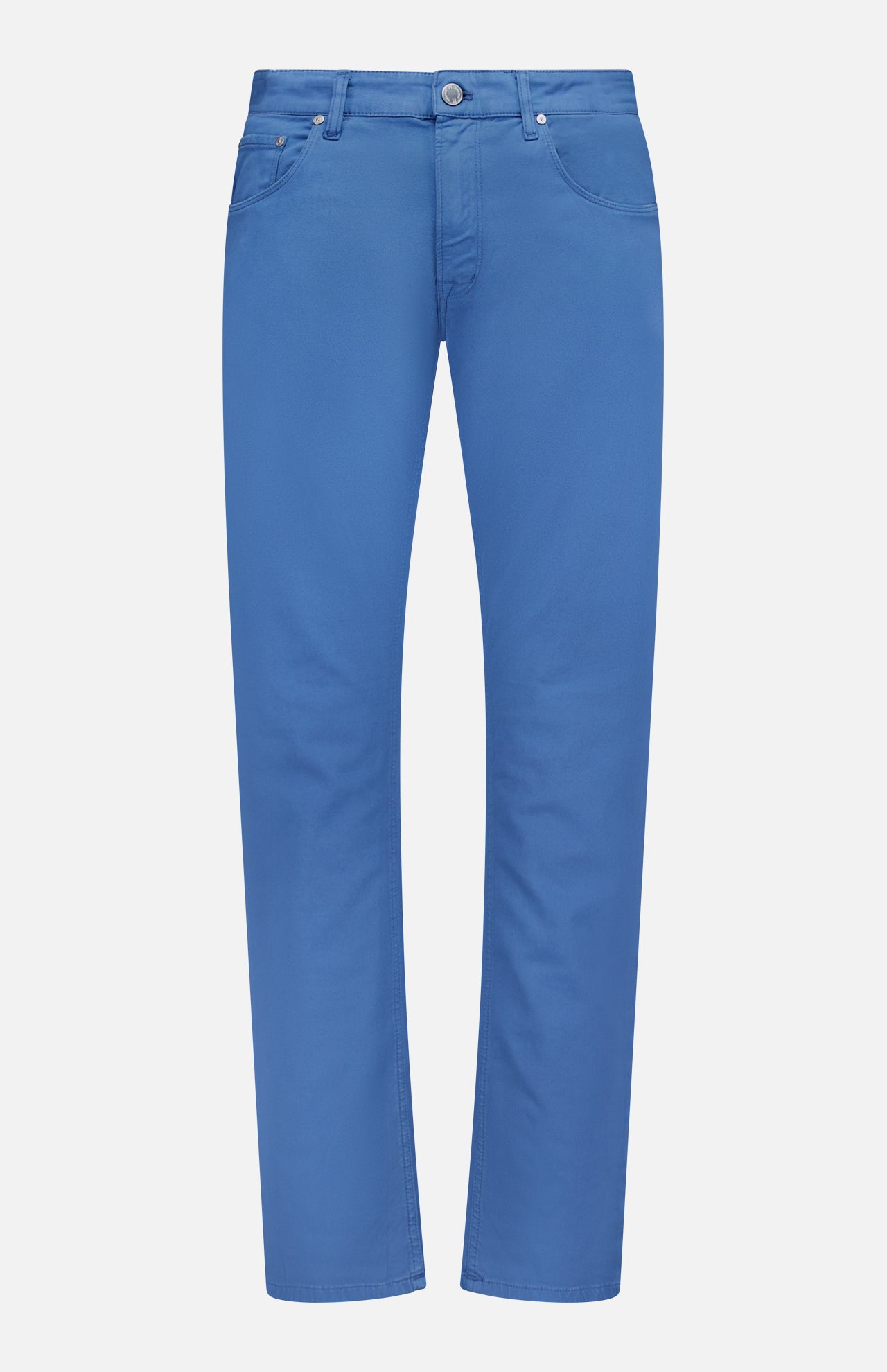 PT TORINO’s Cotton-Cashmere Stretch Tricotine Jeans in Azzurro are presented against a white backdrop, highlighting their classic 5-pocket design with a button and zipper waist closure. Crafted for comfort and enduring style, these straight-leg jeans blend cotton and cashmere for a refined look.