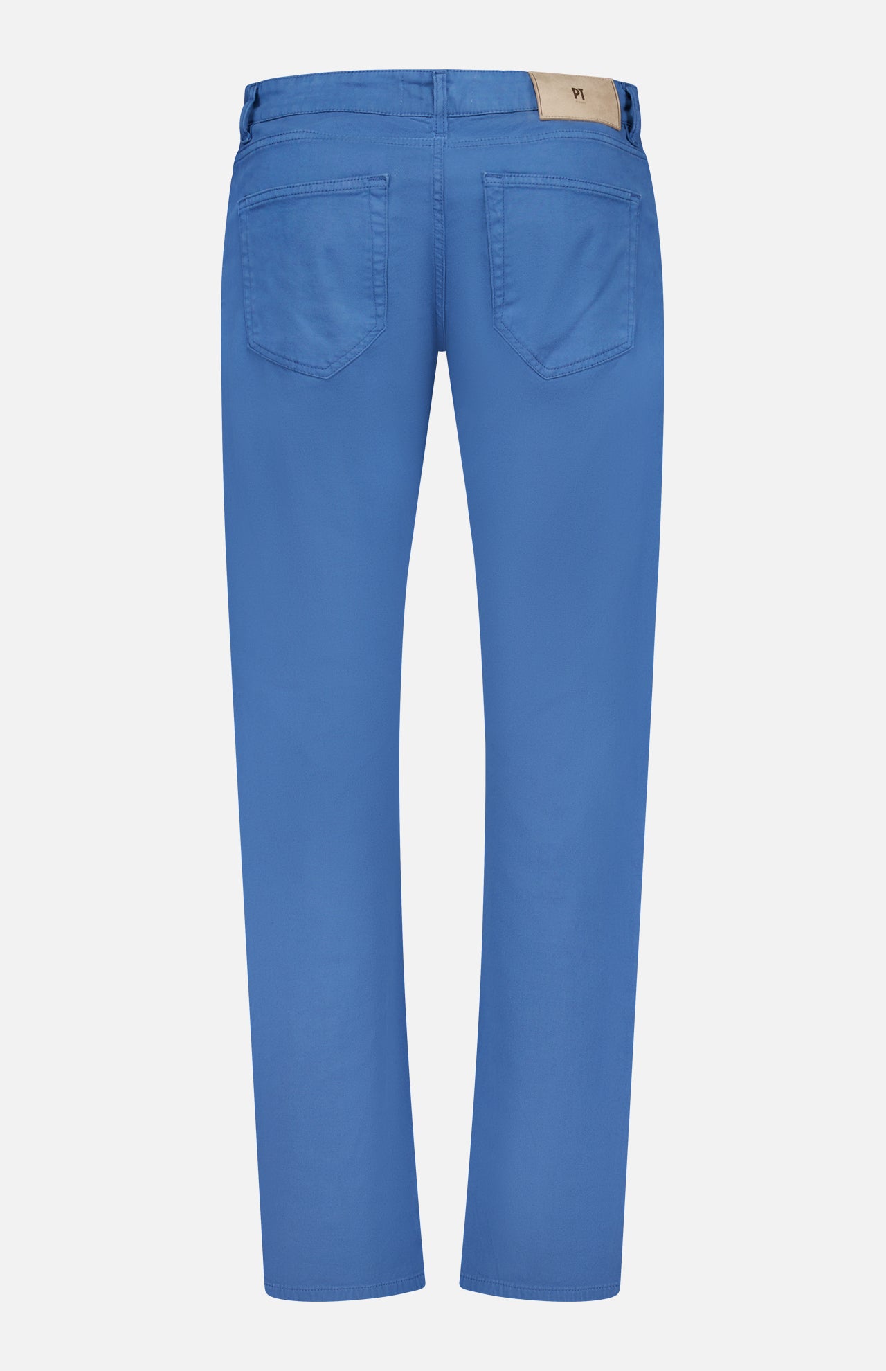 The PT TORINO Cotton-Cashmere Stretch Tricotine Jeans in Azzurro are displayed from the back against a white background, highlighting their classic 5-pocket design with two rear pockets, belt loops, and a beige brand patch on the waistband.