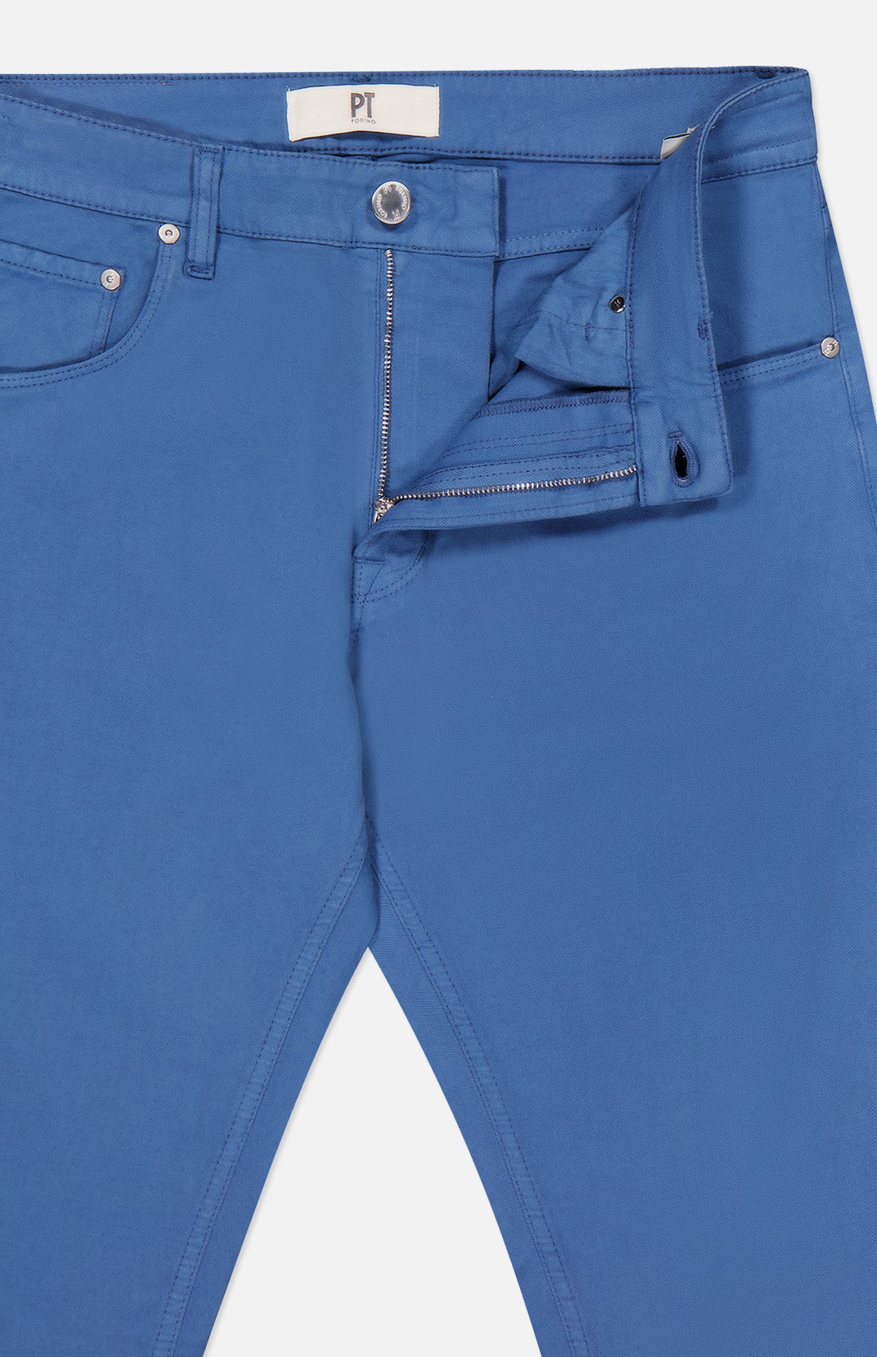 Sure! Here’s a rewritten sentence using your product data: The Cotton-Cashmere Stretch Tricotine Jeans in Azzurro from PT TORINO feature a classic five-pocket design, visible belt loops and pockets, a metal button at the waistband, and a zipper fly partially open. The label inside the waistband displays the letters “PT.” Crafted from a luxurious blend of cotton and cashmere, these jeans offer timeless style with exceptional comfort.