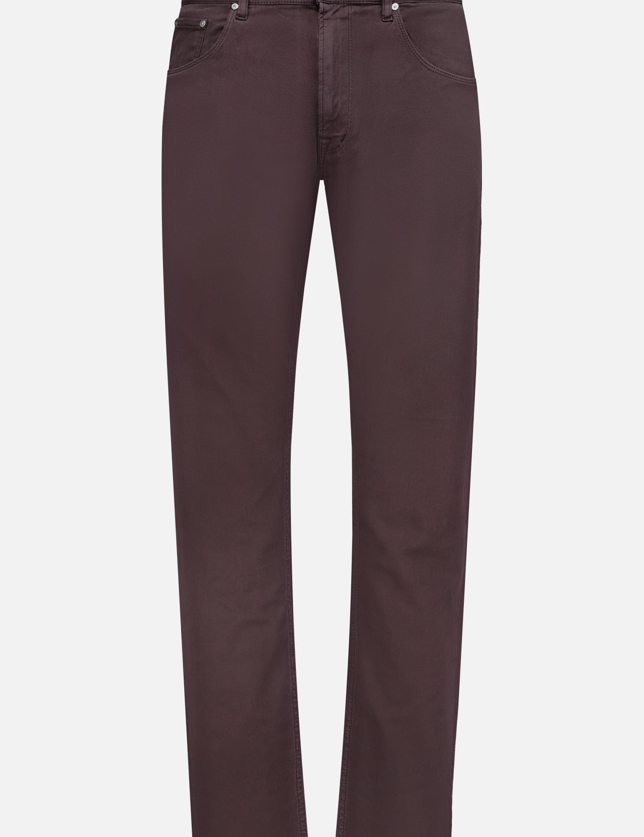 A pair of PT TORINO Stretch Jeans in Testa Di Moro, featuring a straight-leg silhouette in dusty brown with front and back pockets, belt loops, and a button and zipper closure, crafted from a luxurious cotton-cashmere blend and shown against a white background.