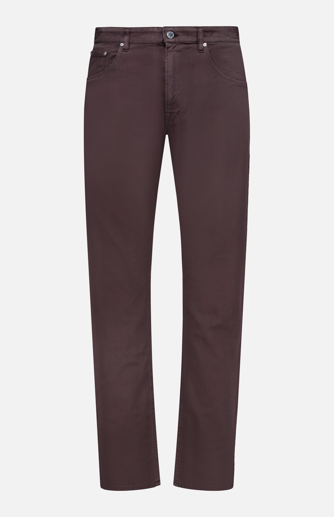 A pair of PT TORINO Stretch Jeans in Testa Di Moro, featuring a straight-leg silhouette in dusty brown with front and back pockets, belt loops, and a button and zipper closure, crafted from a luxurious cotton-cashmere blend and shown against a white background.