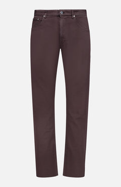 A pair of PT TORINO Stretch Jeans in Testa Di Moro, featuring a straight-leg silhouette in dusty brown with front and back pockets, belt loops, and a button and zipper closure, crafted from a luxurious cotton-cashmere blend and shown against a white background.