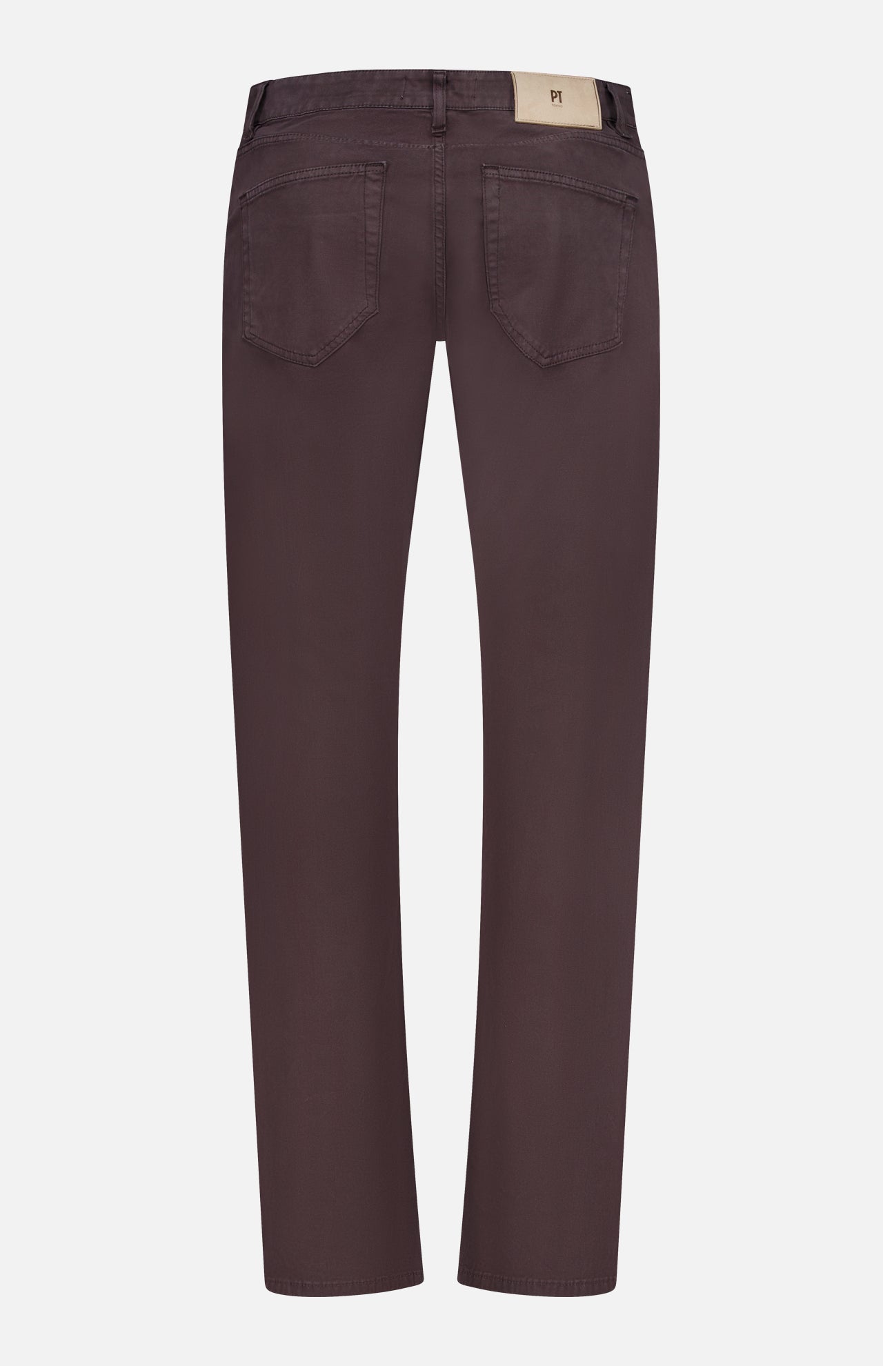 Back view of the Stretch Jeans in Testa Di Moro by PT TORINO, showcasing a straight-leg fit, two back pockets, and a small beige label on the waistband. Crafted from a soft cotton cashmere blend, these men's designer jeans combine comfort with refined style.