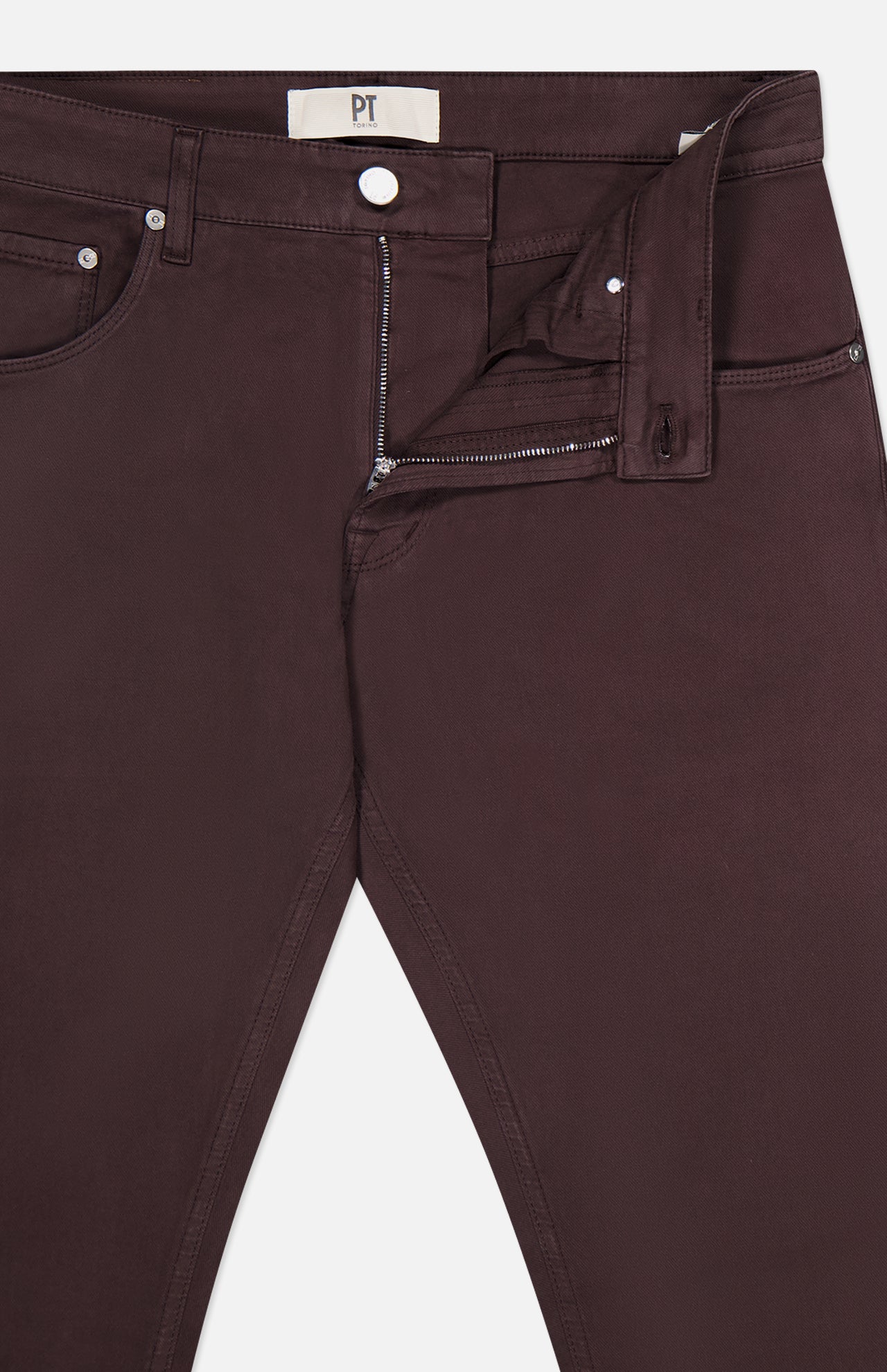 A pair of PT TORINO Stretch Jeans in Testa Di Moro, crafted from a luxurious cotton-cashmere blend. These men's designer jeans feature front pockets, visible stitching, and a partially open zipper fly that reveals the inside waistband and a metal button at the top.