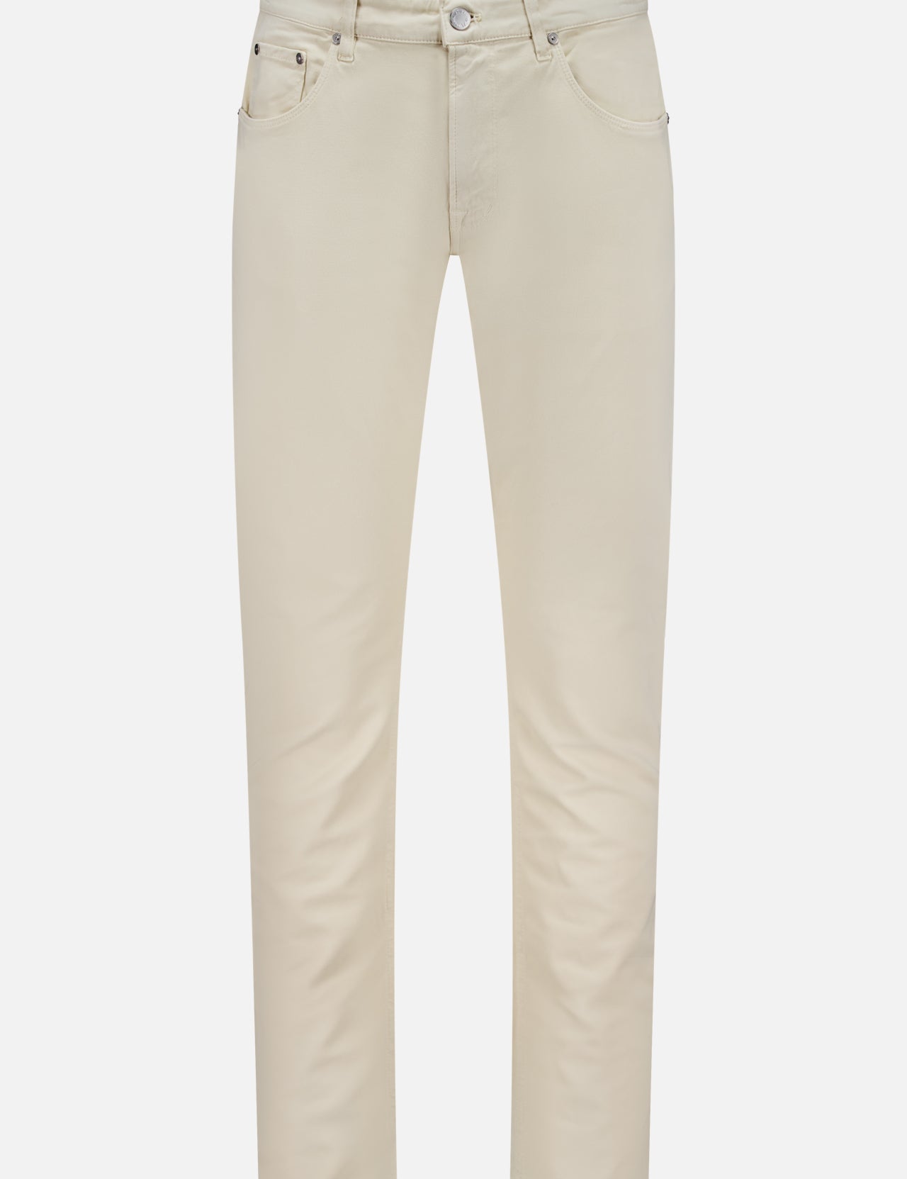 A pair of PT TORINO Cotton & Cashmere Stretch Tricotine Jeans in Stone displayed against a plain white background. Made in Italy, these slim-fit jeans feature a classic 5-pocket design with belt loops and a button closure at the waist.