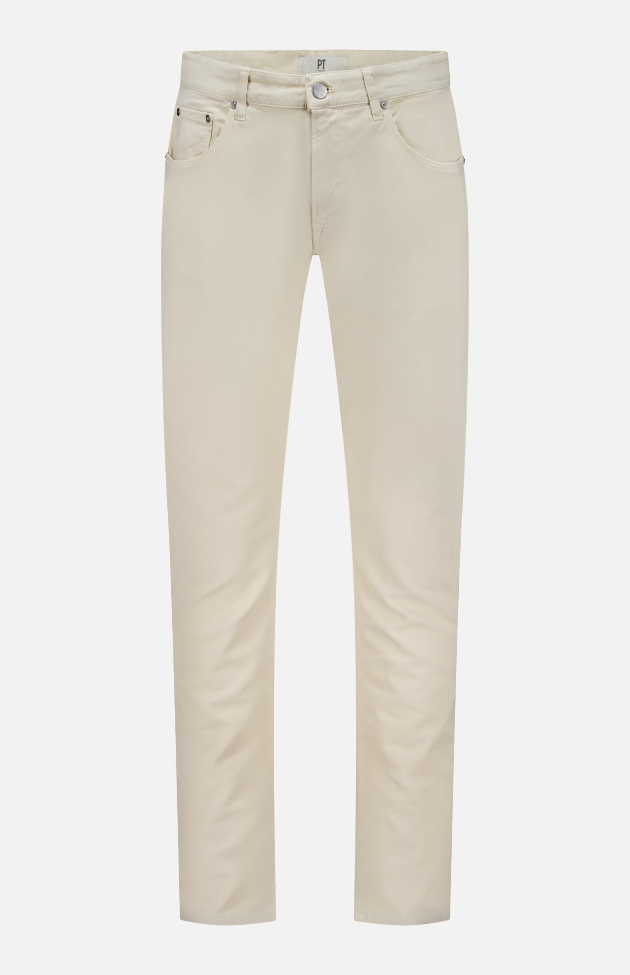 A pair of PT TORINO Cotton & Cashmere Stretch Tricotine Jeans in Stone displayed against a plain white background. Made in Italy, these slim-fit jeans feature a classic 5-pocket design with belt loops and a button closure at the waist.